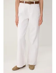 White Belted High Waist Wide Leg Wide Leg 100% Cotton Non-Stretch Jeans - 2