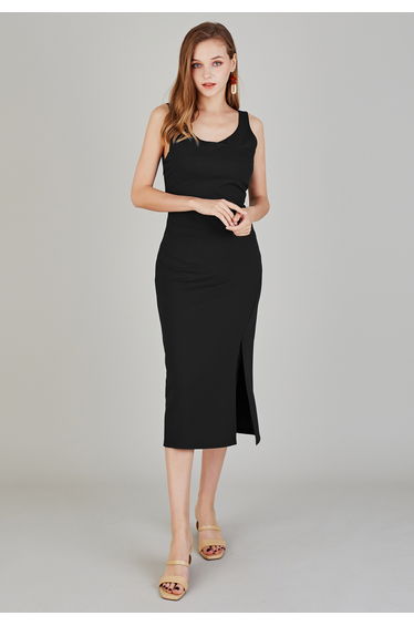 Side Ruched Slit Tank Midi Dress in Black