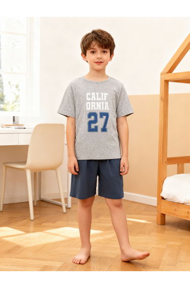 Boys Text Print Short Sleeve T-Shirt and Shorts Pyjama Set