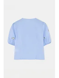 Blue Floral Embroidered V-Neck Blouse - 4