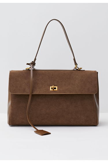 Turnlock Spliced Faux Suede Tote Bag in Brown