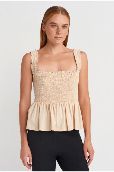 Dilvin Square-Neck Frilly Sleeveless Blouse