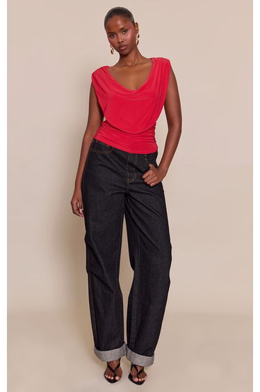 Red Double Layer Slinky Drapey Cowl Neck Top