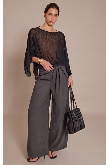 Charcoal Brushed Tailored Woven Pleat Detail Wide Leg Trousers