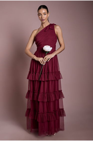Wine Pleated Mesh One Shoulder Tiered Maxi Bridesmaid Maxi Dress