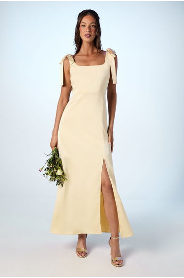 Butter Yellow Satin Tie Shoulder Midi Bridesmaid Dress