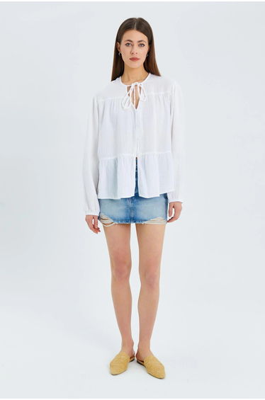 Mixray Long Sleeve Relaxed Fit Blouse with Tie-Neck