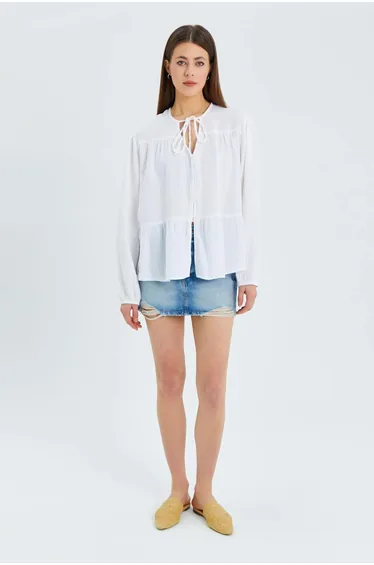 Mixray Long Sleeve Relaxed Fit Blouse with Tie-Neck