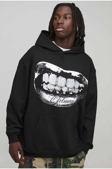 Black Oversized Rhinestone Mouth Foil Print Graphic Hoodie