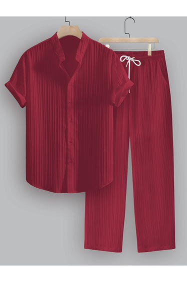 Striped Stand Collar Short Sleeve Shirt and Trousers Co-Ords