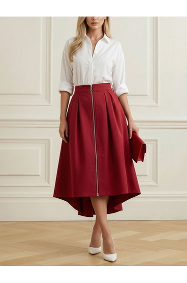A-Line High-Low Pleated Pockets Solid Color Zipper Skirts Bottoms