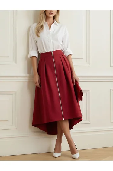 A-Line High-Low Pleated Pockets Solid Color Zipper Skirts Bottoms
