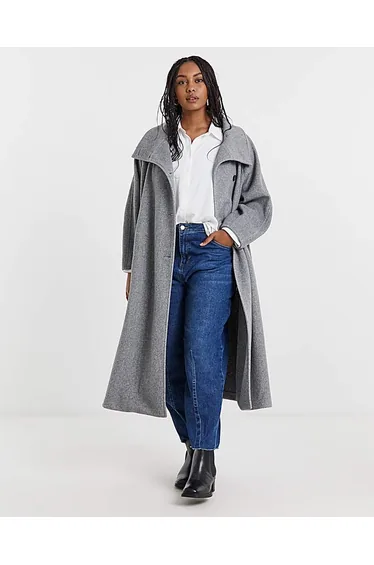 Grey Funnel Neck Faux Wool Coat
