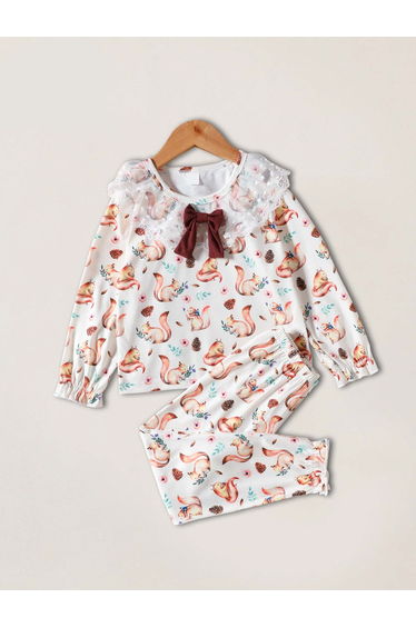 Girls Lace Trim Graphic Print Top and Pyjama Set