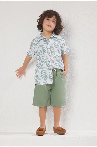Green Boy Cotton Tropical Printed Woven Shirt Shorts Bottom-Top Set