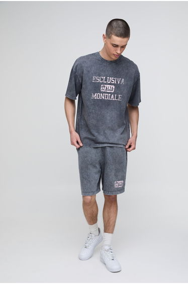 Oversized Loopback Washed Italia Printed Short Set - charcoal
