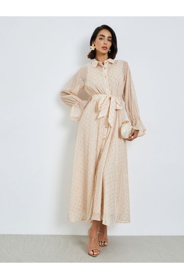 Beige Self-Design Shirt Maxi Dress with Tie-Belt