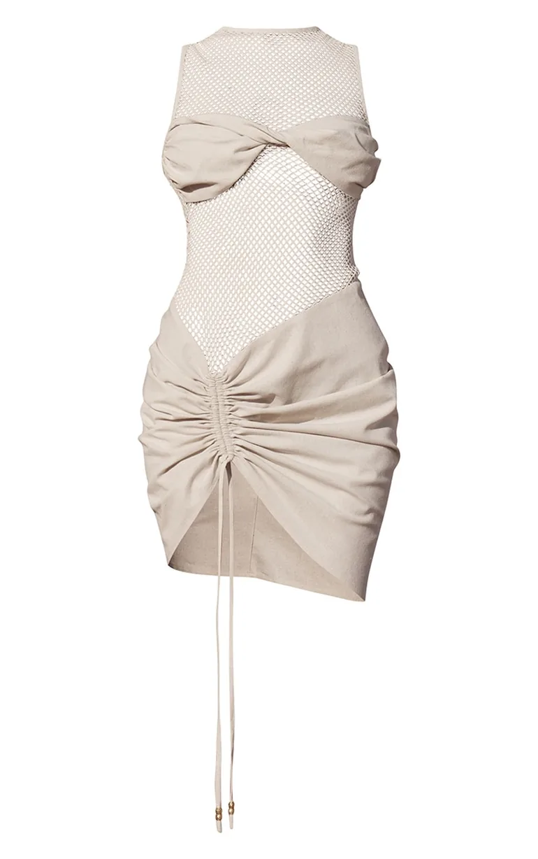 white bodycon dress plt PrettyLittleThing Women's PLT Label Sheer Panel Detail Ruched Bodycon Dress in Off White