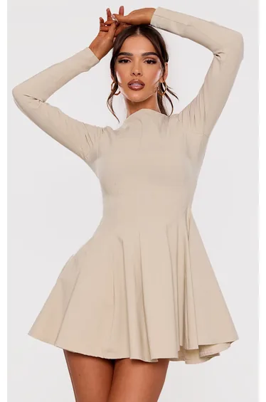 Stone Stretch Woven Boat Neck Long Sleeve Pleated Shift Dress