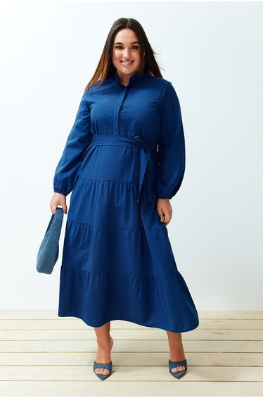 Navy A-Line Maxi Smock Dress with Long Sleeves