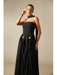 Sarah Strapless Floral Detail Maxi Dress with Scarf - 6