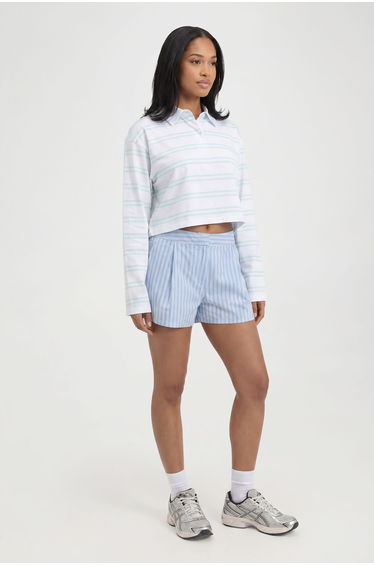Stripe Cropped Long Sleeve Rugby Top - aqua