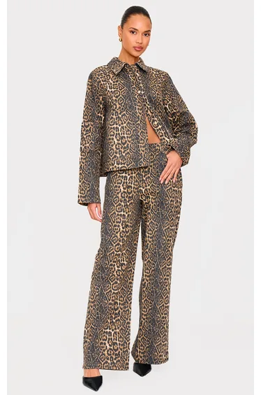 Stone Leopard Twill Wide Leg Trousers