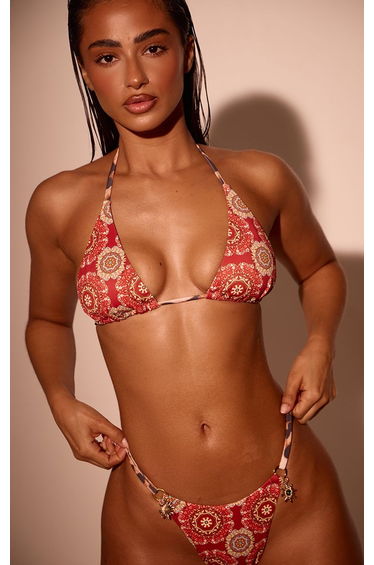 Rust Paisley Print Thong Bikini Bottoms