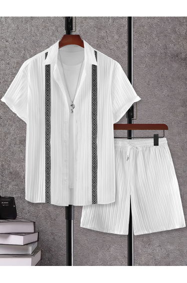 Men White Jacquard Detail Short Sleeve Button Front Shirt and Shorts Co-Ords
