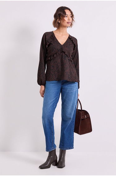 Brown Animal Empire Seam Frill Detail Printed Jersey Top