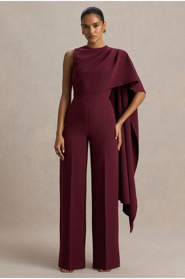 Sorenia | Burgundy High-Neck Jumpsuit With One-Cape Sleeve