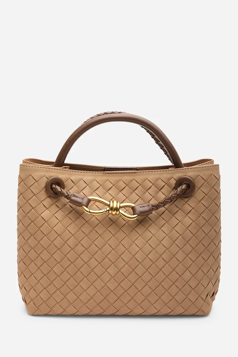 Luna Woven Leather Tote bag with Gold Detail in Cognac Faux Suede - 7