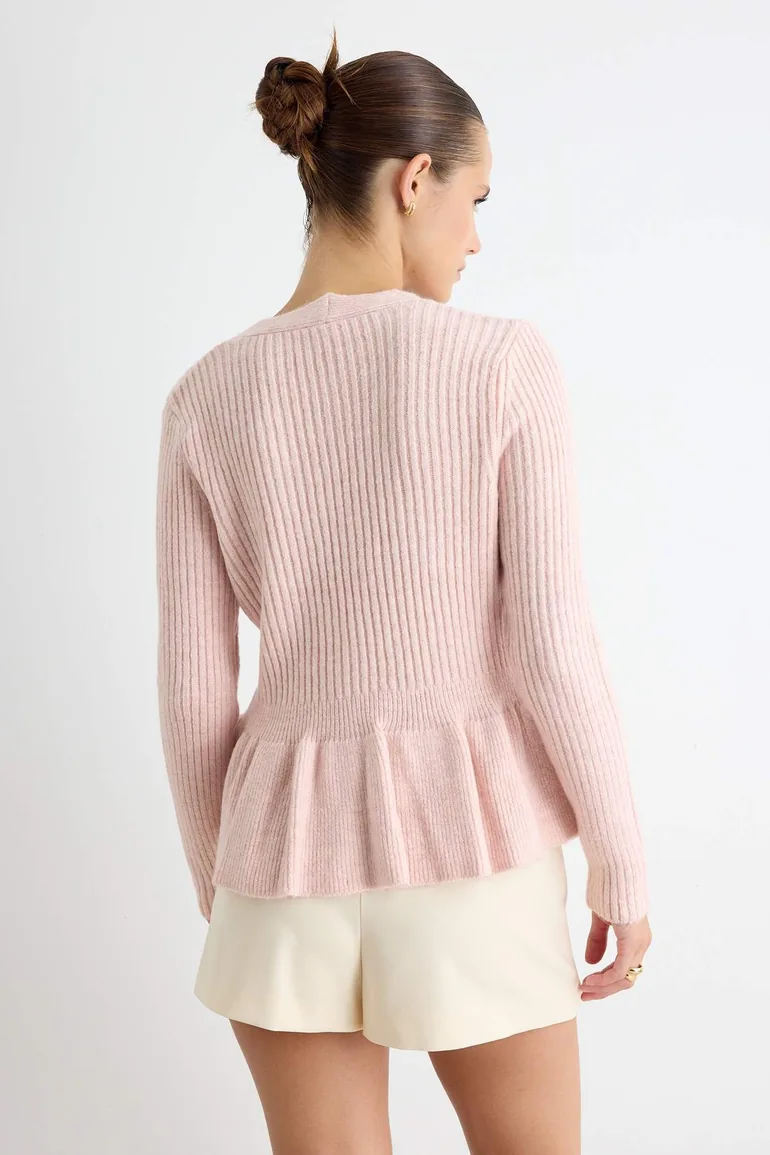 Powder Soft Textured V-Neck Waist-Fitted Peplum Knitwear Cardigan - 4
