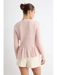 Powder Soft Textured V-Neck Waist-Fitted Peplum Knitwear Cardigan - 4