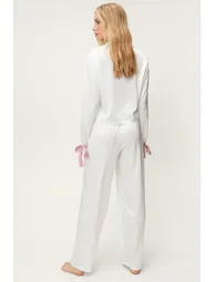 Satin Contrast Piping Tie Sleeve Pajama Pants Set - 3