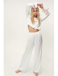 Satin Contrast Piping Tie Sleeve Pajama Pants Set