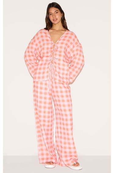 Orange Checked Cheesecloth Tie Waist Wide Leg Trouser