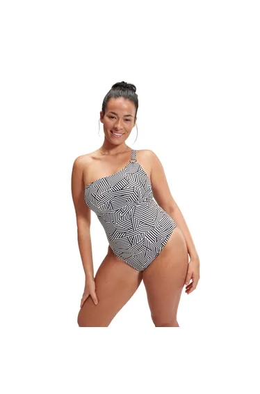 Women's Speedo Shaping Printed Asymmetric Swimsuit in Black