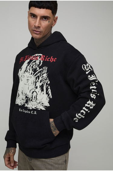 Tall Oversized Gothic Washed Printed Hoodie - washed black