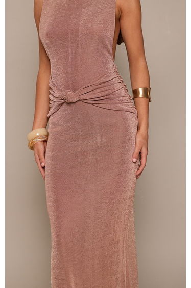 Taupe Acetate Slinky Sleeveless Knot Detail Maxi Dress product thumbnail 4