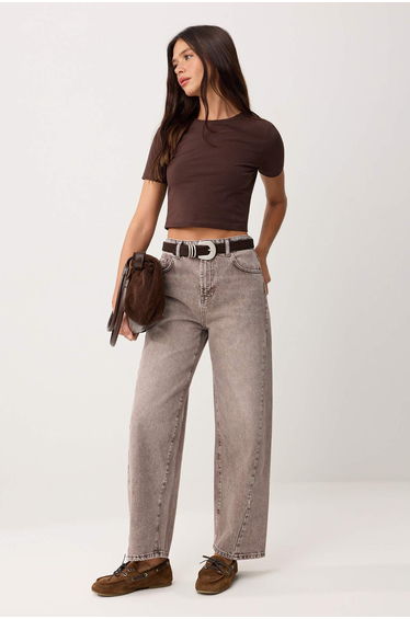 Brown High Waist Stitched Detail Barrel Jeans