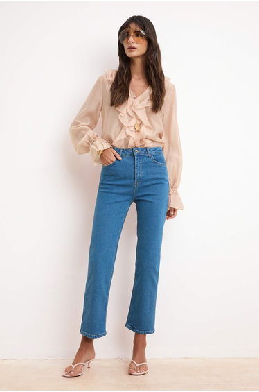 Blue High Waist Medium Stretch Straight Straight Cut Jeans