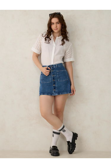 White Schiffli Sleeve Crop Shirt