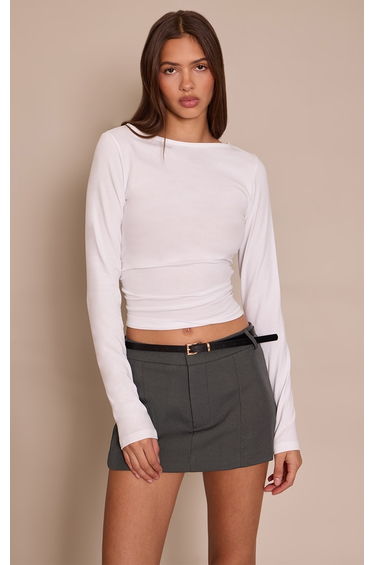White Soft Cotton Ruched Side Long Sleeve Top