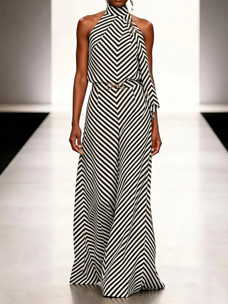 Sleeveless Contrast Color Draped Striped Halter-Neck Blouses&Shirts Tops