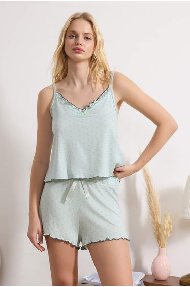 Mint Frilly Undershirt Heart and Gingham Patterned Viscose Knitted Pajama Set