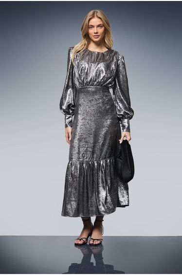 Lame Balloon Sleeve Midi Dress