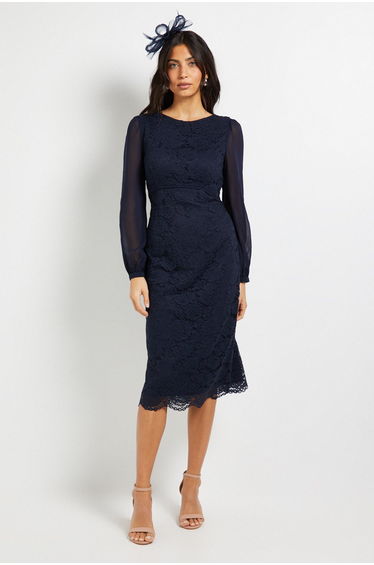 Lace Chiffon Cowl Back Pencil Dress