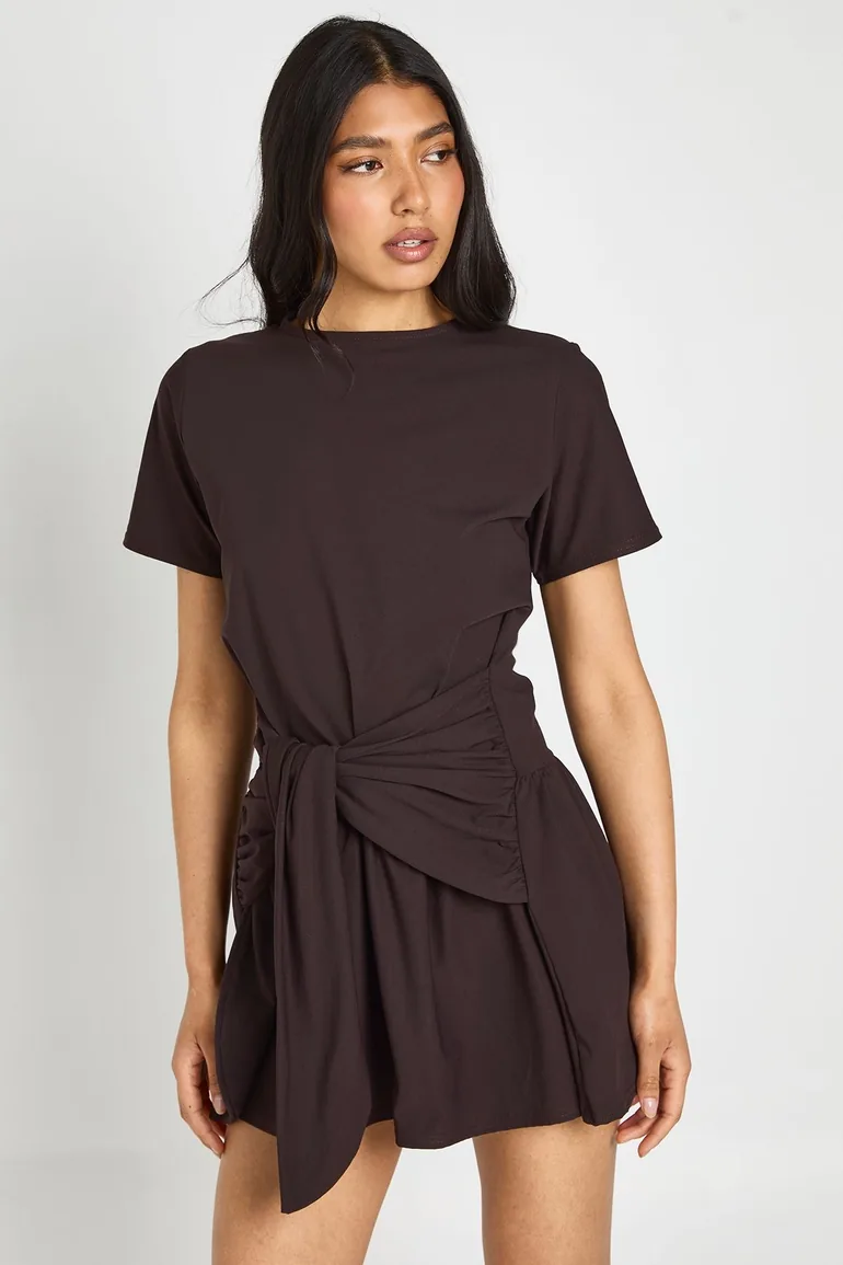 Tie Waist Long Sleeve Smock Dress - chocolate - 1