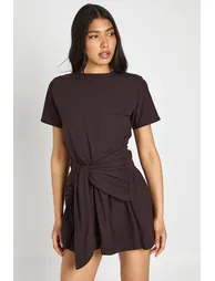 Tie Waist Long Sleeve Smock Dress - chocolate - 1